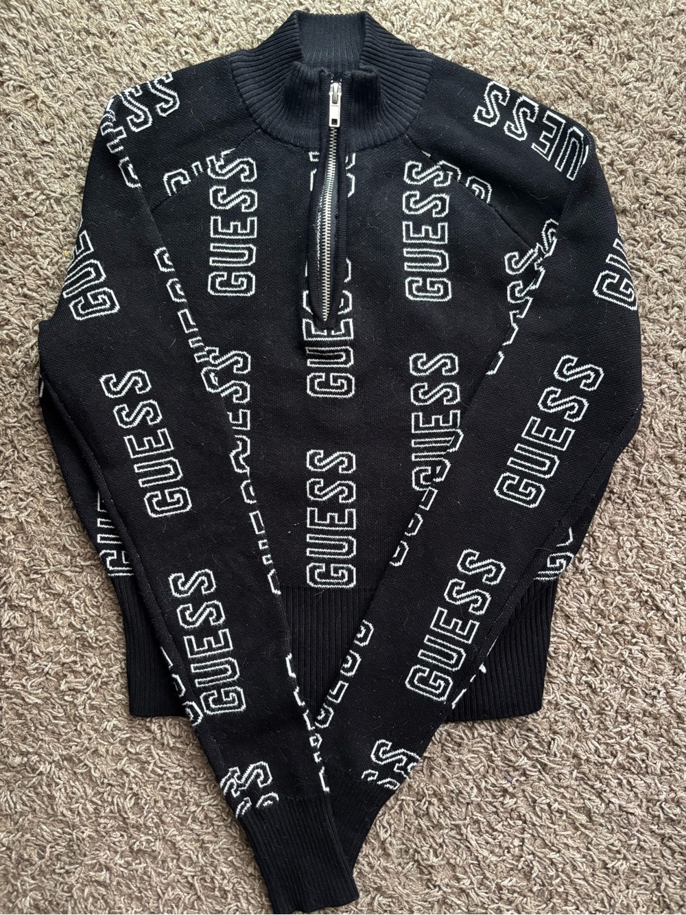 GUESS Cropped women’s Black Zip-Neck Logo Knit Sweater with White Accents